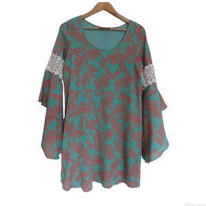 Voom by Joy Han blouse top tunic Small bell sleeve boho crochet